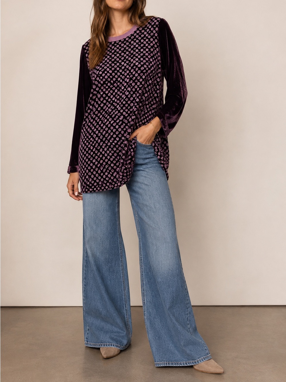 Pete and Greta by Johnny Was Purple Velvet  Tunic Top Long Sleeve Medium